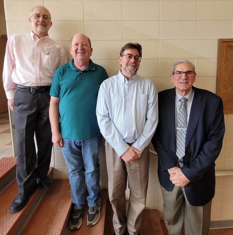 For 100 years, St. Peter Evangelical Lutheran Church in Joliet has broadcast its Sunday worship service on local radio. Pictured are (from left) Steve Gannaway (retired from broadcast ministry after 33 years), and current announcers Jeff Chelini (27th year), Brian Nelson (second year) and Greg Ukovich (13th year). Not pictured: Bill Miller (retired after more than 29 years).