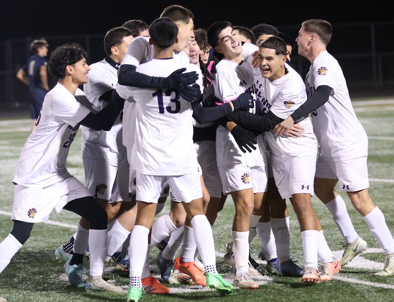Members of the Mendota boys soccer team celebrate their win over Quincy Notre Dame during the Class 1A Supersectional game on Monday, Nov. 3, 2025 at Mendota High School.