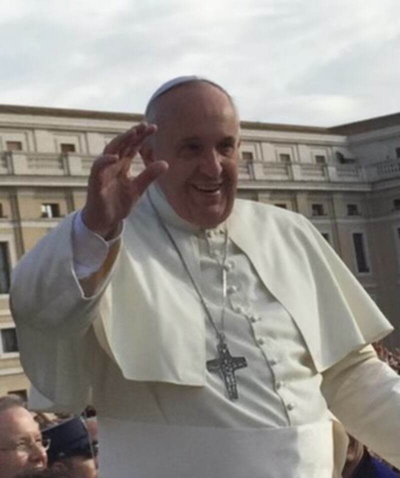 Former Peru resident Chris Coughlin took this snapshot of the late Pope Francis during a general audience in Rome on Oct. 22, 2014. “He touched hands, kissed a baby, and at one moment donned a cowboy hat offered by a man in the crowd,” Coughlin said of the pontiff, who died Easter Monday.