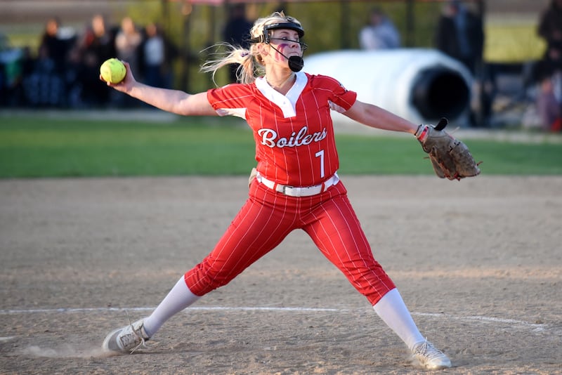 Bradley-Bourbonnais' Lydia Hammond throws a pitch during a home game against Bishop McNamara Thursday, May 8, 2025.