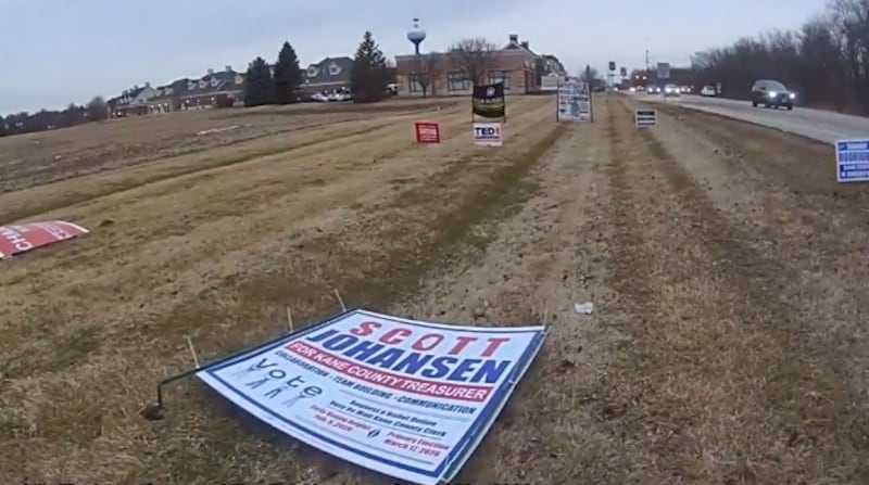Kane County treasurer candidate Scott Johansen's campaign signs were torn down on the south side of Illinois Route 64 east of La Fox Road in Campton Hills Feb. 24. Johansen reported additional thefts and damage on March 9 to the Kane County Sheriff.