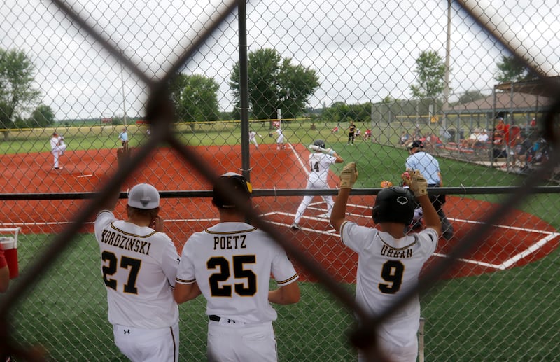 Members of the Canes baseball team watch as there teammate bats during a game against the RBA Lampl in the opening round of the Under 13 McHenry County Youth Sports Association’s Summer International Championship baseball tournament on Friday, July 11, 2025, at the Mickey Sund Baseball Complex in Crystal Lake's Lippold Park.