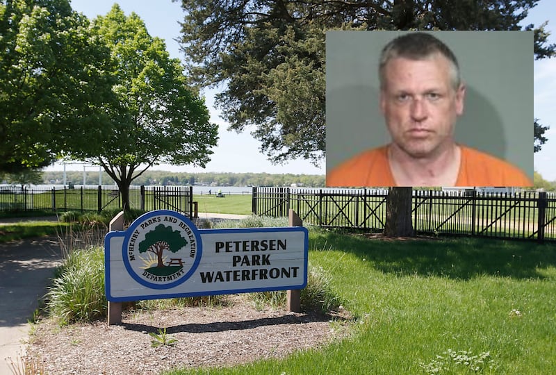 McHenry's Petersen Park is pictured on Oct. 6, 2024, the day authorities allege Raymond Link, inset, randomly attacked a woman and a man who tried to stop him.