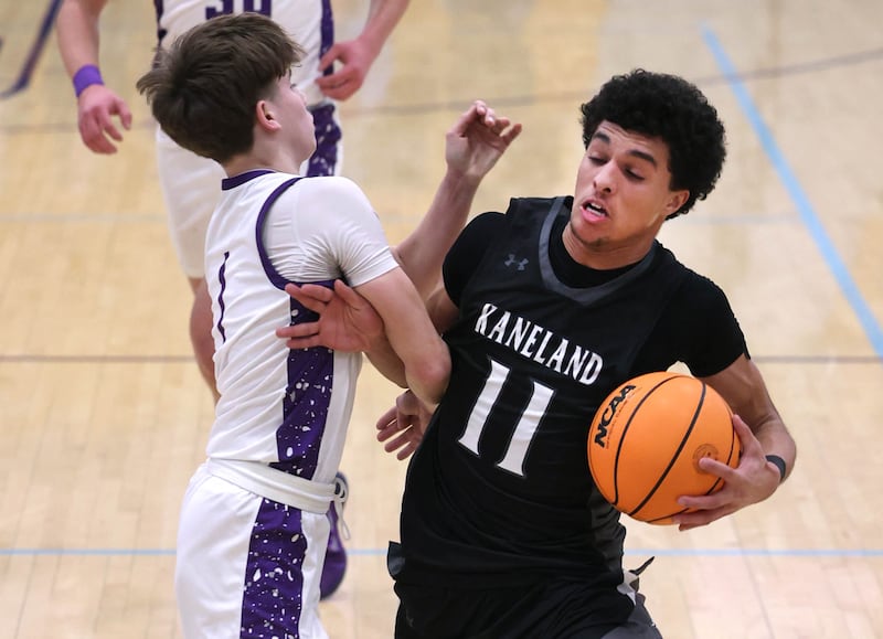 Kaneland's Evan Frieders runs into Rochelle's Cohen Haedt Tuesday, Feb. 3, 2026, in their game at Rochelle High School.