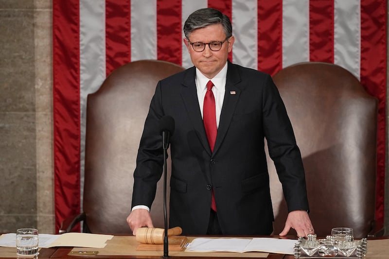 House Speaker Mike Johnson of La., watches before Britain's King Charles III arrives to speak to a joint meeting of Congress in the House Chamber at the U.S. Capitol, Tuesday, April 28, 2026, in Washington. (AP Photo/Matt Rourke)
