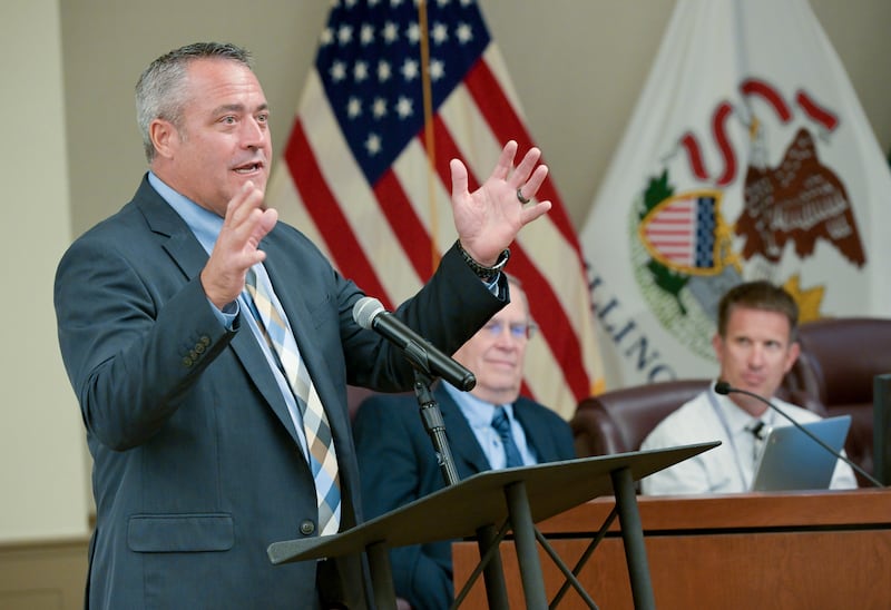Daniel Likens speaks at the City Council meeting after a unanimously vote by the city council to appoint Likens as the new St. Charles Police Chief on Tuesday, Sep 2, 2025 in St. Charles.