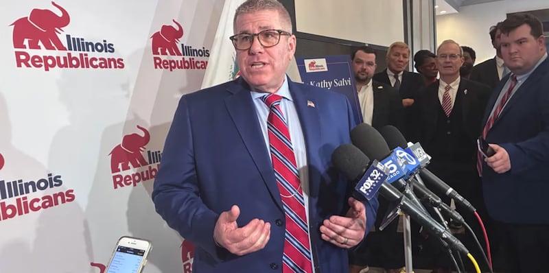 Republican nominee for governor Darren Bailey speaks to reporters following a Republican Party breakfast in Naperville on March 18, 2026.