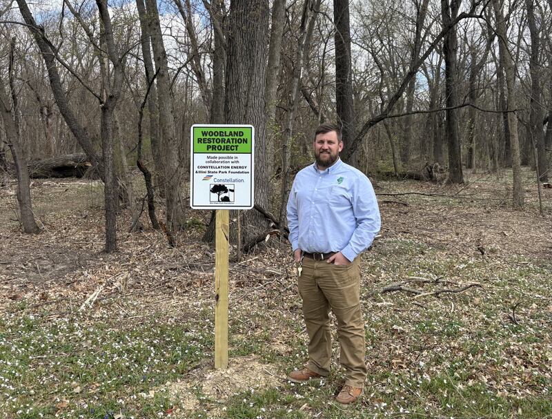 Dillon Law, new site superintendent at Illini State Park, stands beside a sign marking the park's ongoing woodland restoration project, which looks to remove invasive species and promote native regrowth.