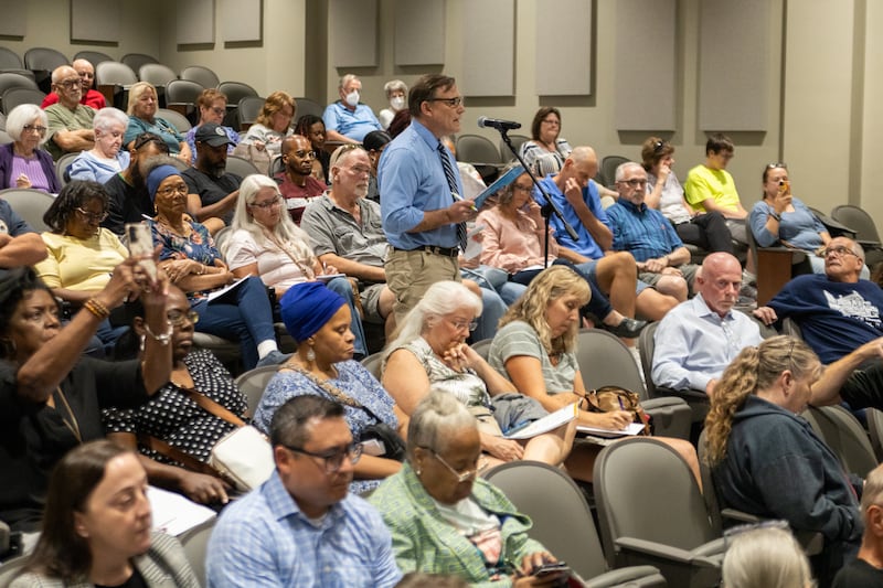 Citizens Utility Board Director of Communications Jim Chilsen delivers a public comment on behalf of his organization at an Illinois Commerce Commission hearing in August. CUB intervened in Aqua’s rate case to argue for reductions to the company’s proposal.