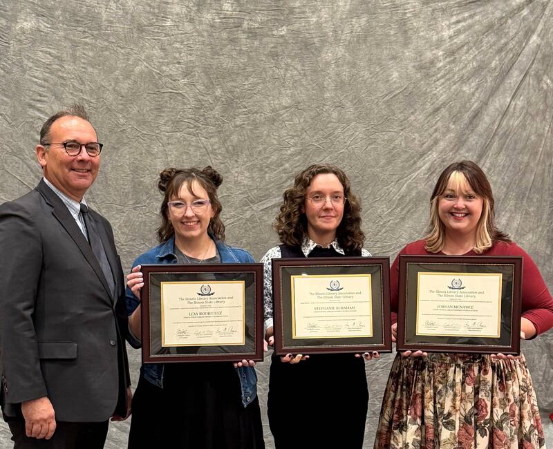 (From left) Greg McCormick, Illinois State Library; Lexy Rodriguez, Stephanie Burhnam, Jordan McNamee, Geneva Public Library, at the 2025 ILA Awards, Oct. 14, 2025