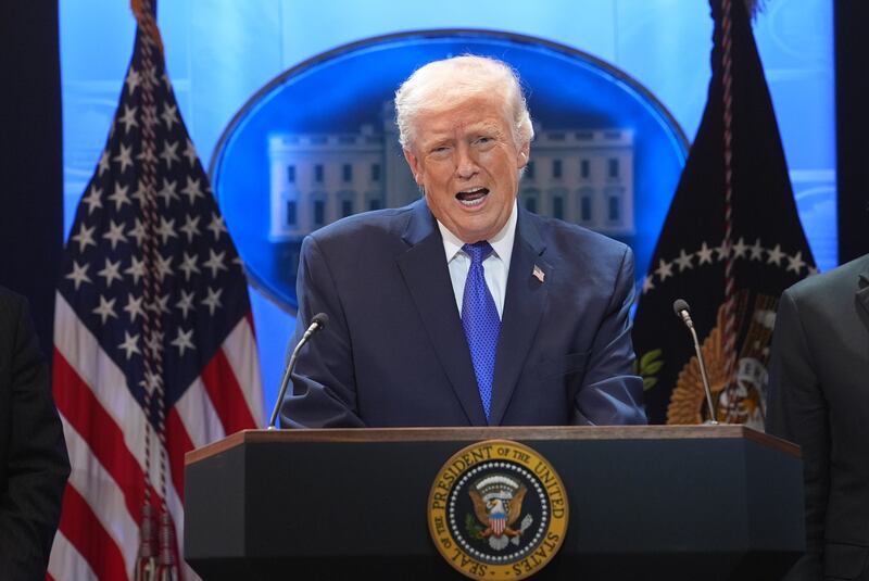 President Donald Trump speaks during a press briefing at the White House, Friday, Feb. 20, 2026, in Washington. (AP Photo/Evan Vucci)
