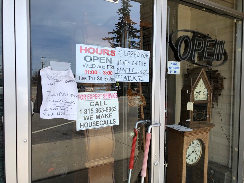 Customers notes in the window at McHenry Clock Co. on Monday, March 10, 2025. The store owner died on Jan. 3 and customers are asking how to get the timepieces left there for repairs returned.