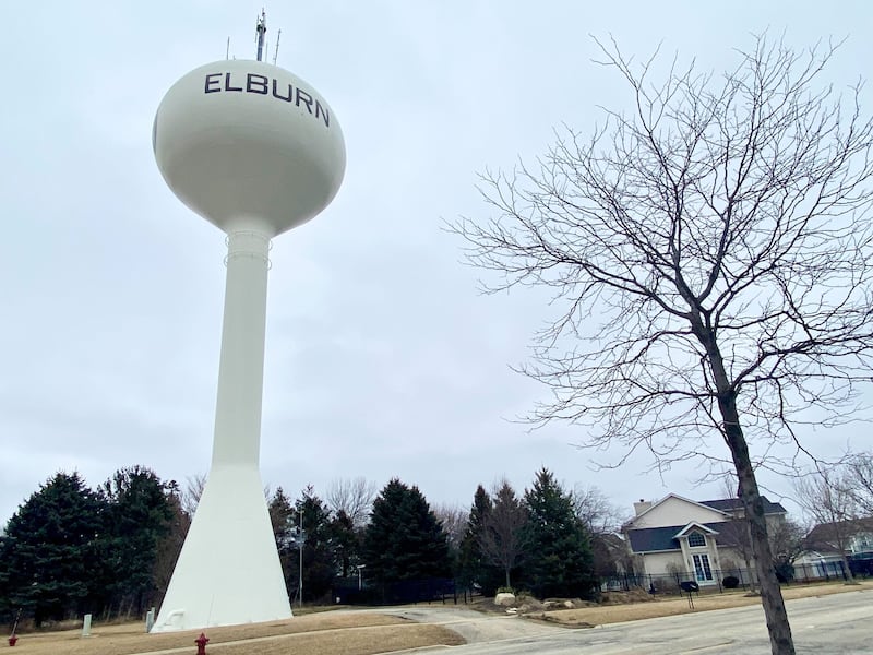A water tower in Elburn just off Illinois Route 47 on Saturday, Feb. 21, 2026.