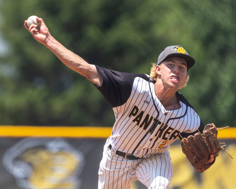 Johnathan Stunkel (3) of Putnam County pitches in sectional championship game against Fulton on June 6, 2026 at Putnam County High School in Granville.