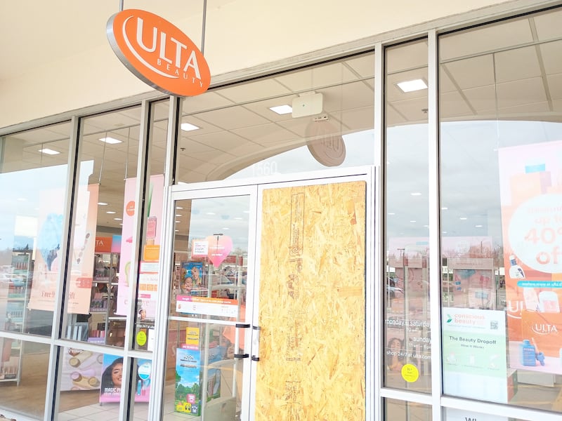 Glass is missing from an entry door at Ulta Beauty in Randall Square Shopping Center at 1560 S. Randall Road in Geneva. (Taken April 3, 2025 following March 19 incident.)