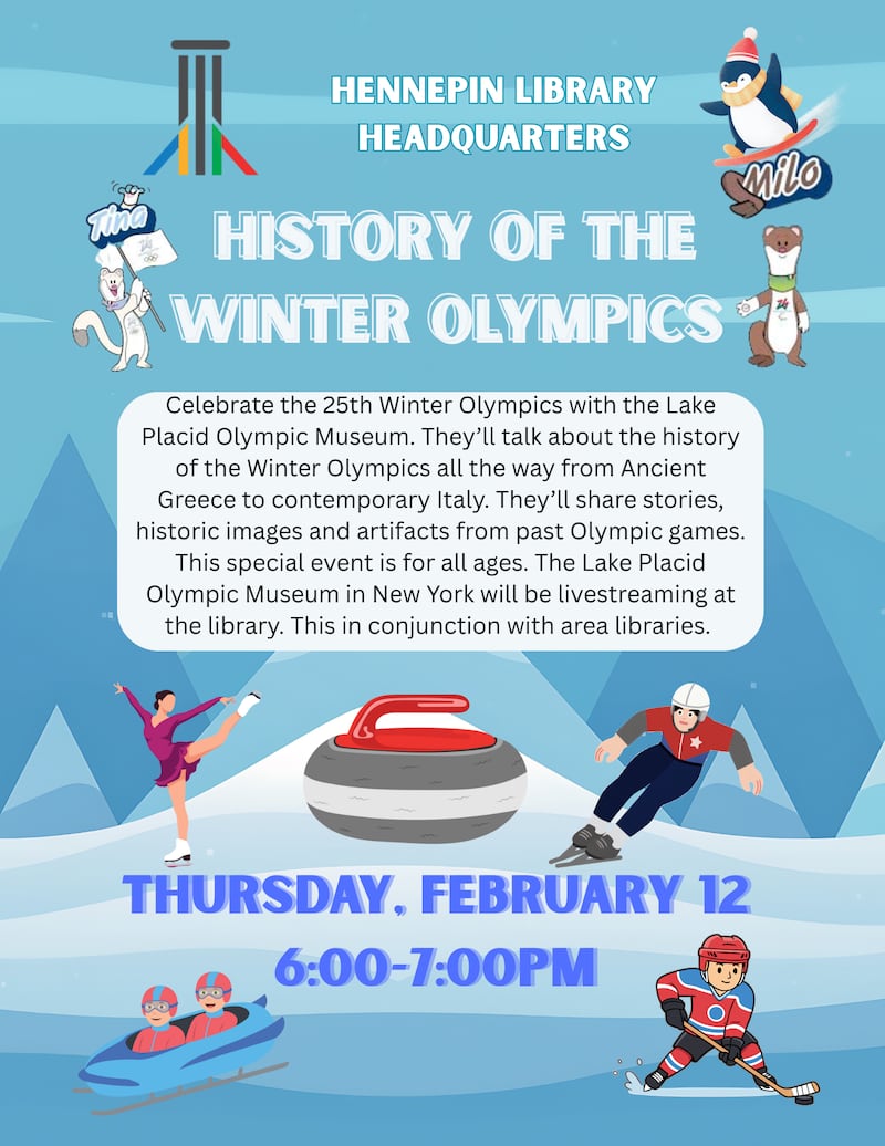Learn about the history of the Winter Olympics with a live-stream program 6-7 p.m. Thursday, Feb. 12 at the Hennepin library.