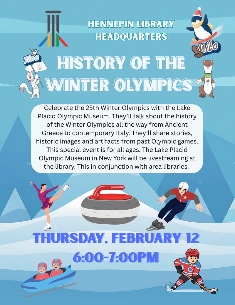 Learn about the history of the Winter Olympics with a live-stream program 6-7 p.m. Thursday, Feb. 12 at the Hennepin library.