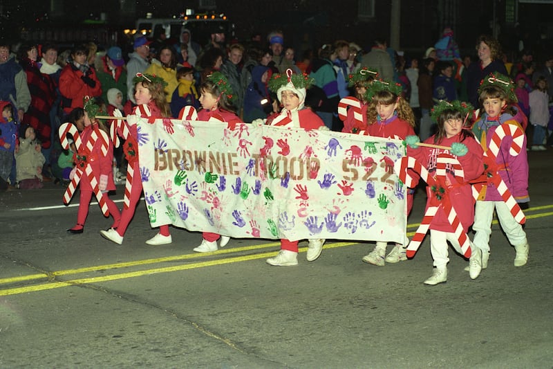 A Bradley Christmas Parade photo from mid 1990s shows a Brownie Girl Scout Troop 522 group marching in the parade.