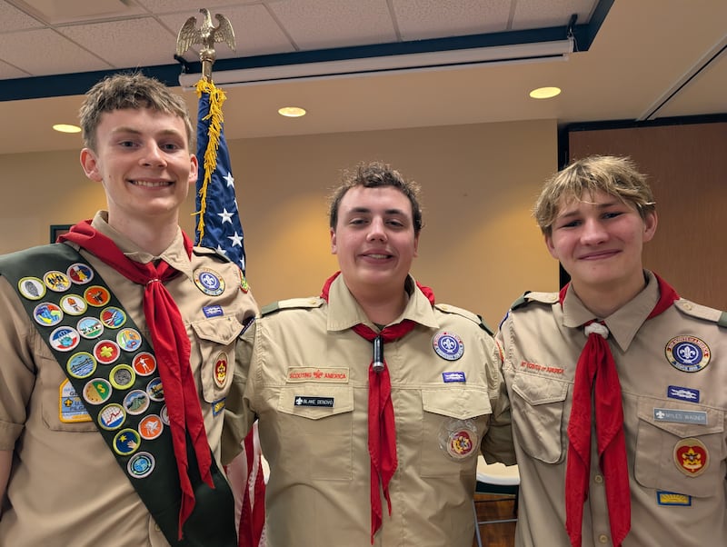 McHenry senior Blake Denovo and McHenry senior Myles Wagner (right) pose for a picture Sunday, April 19, 2026, before being awarded their Eagle Scout rank at the McHenry Township Center in McHenry.