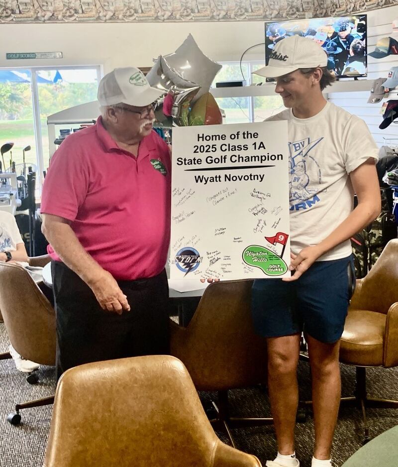 Wyaton Hills Golf Course owner Max Halberg (left) held an open house on Saturday for Bureau Valley state champ Wyatt Novotny. The Storm senior grew up playing at Wyaton Hills.