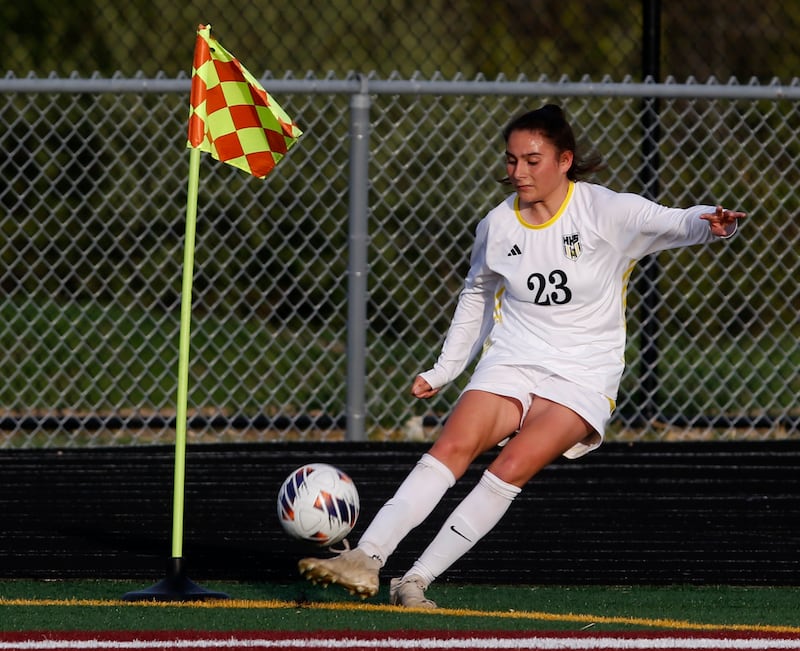 Harvard's Julie Silva takes a corner kick during the Kishwaukee River Conference Girls Soccer Tournament Championship Match against Richmond-Burton on Wednesday, May 7, 2025, at HRichmond-Burton High School in Richmond.