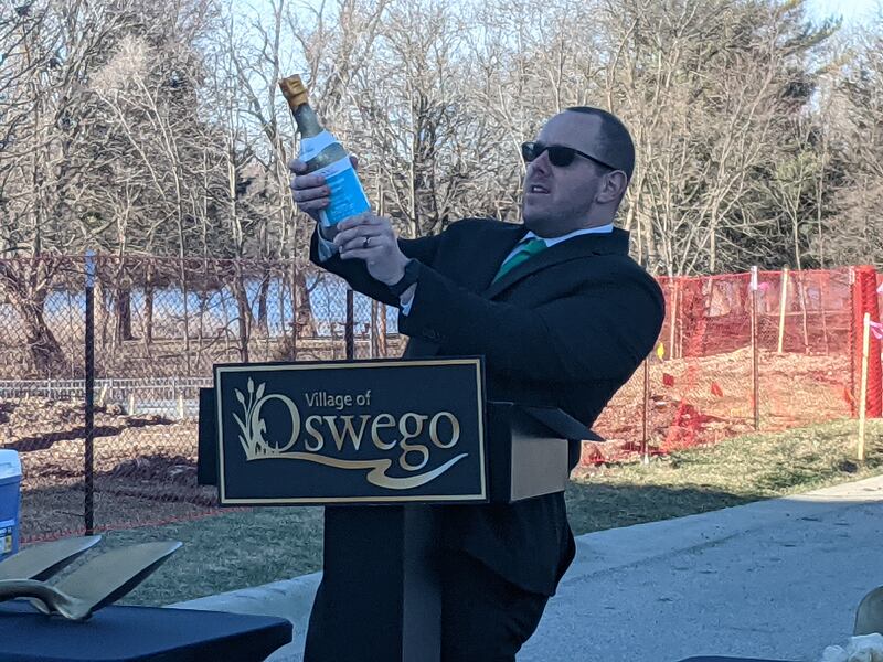 Oswego Village President Ryan Kauffman on March 17 helped celebrate the long awaited groundbreaking for the second building at Shodeen Group’s The Reserve at Hudson Crossing luxury apartment building in downtown Oswego.