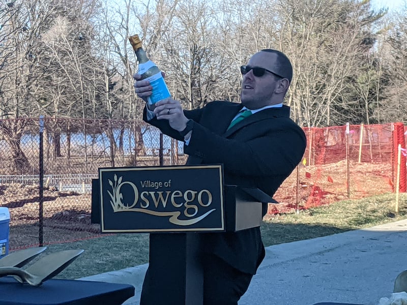 Oswego Village President Ryan Kauffman on March 17 helped celebrate the long awaited groundbreaking for the second building at Shodeen Group’s The Reserve at Hudson Crossing luxury apartment building in downtown Oswego.