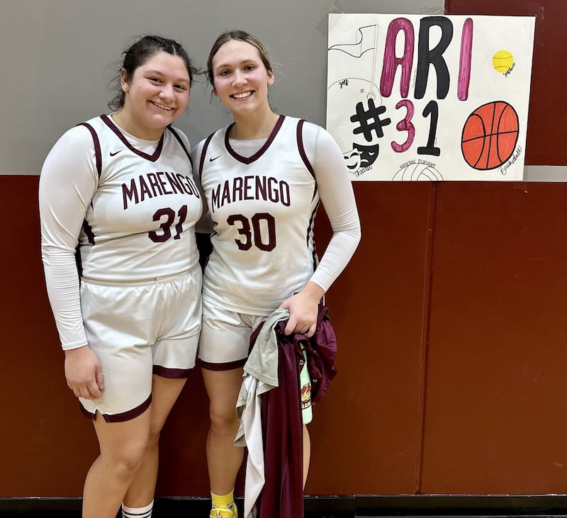 Ariana Rodriguez (left) had 14 points and three rebounds, while Macy Noe (right) had an 11-point, 11-rebound double-double in Marengo's 46-26 win over Plano.