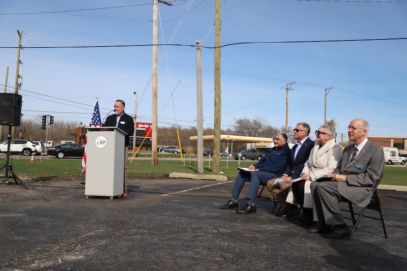 Woodstock Mayor Mike Turner speaks at a Route 47 widening groundbreaking in Woodstock Tuesday, April 7, 2026.