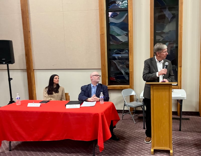 Incumbents Leslie Smogor and Shawn Schumacher are running unopposed for their seats on the Yorkville 115 board. Pictured, the candidates speak at a candidate forum at Congregational United Church of Christ in Yorkville on Feb. 27, 2025.