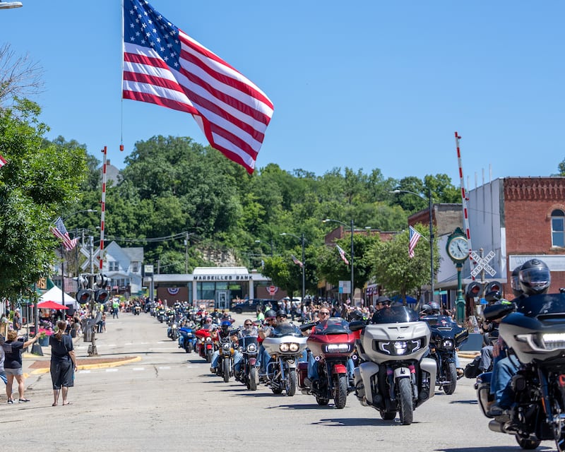 Motorcyclists ride down Main Street during the Illinois Motorcycle Freedom Run on June 20, 2026 in Marseilles.