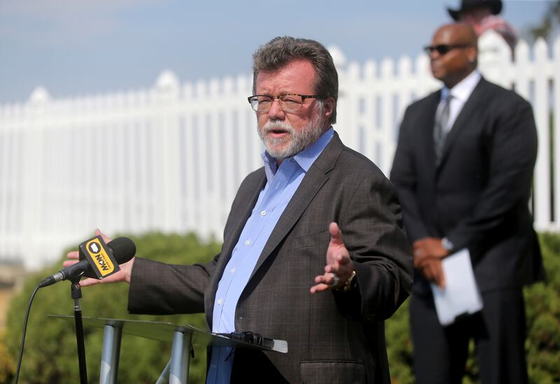 Rick Heidner, Chicago area real estate developer and entrepreneur, speaks during a press conference at the Field of Dreams in Dyersville, Iowa, on Thursday, Sept. 30, 2021. Frank Thomas has found his Field of Dreams. The Hall of Famer has headed a venture that bought controlling interest in Go the Distance Baseball’s stake of All-Star Ballpark Heaven and the Field of Dreams Movie Site. (Jessica Reilly/Telegraph Herald via AP)