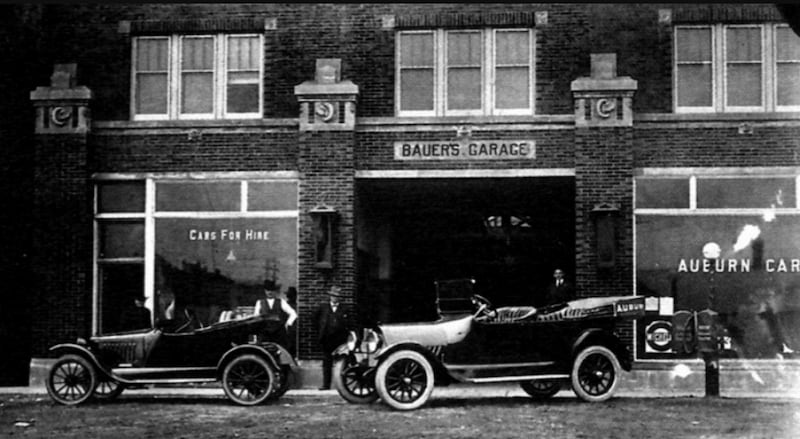 A photo Bauer's Garage at 77 E. Woodstock St., Crystal Lake, undated but appears to be from the 1910s.