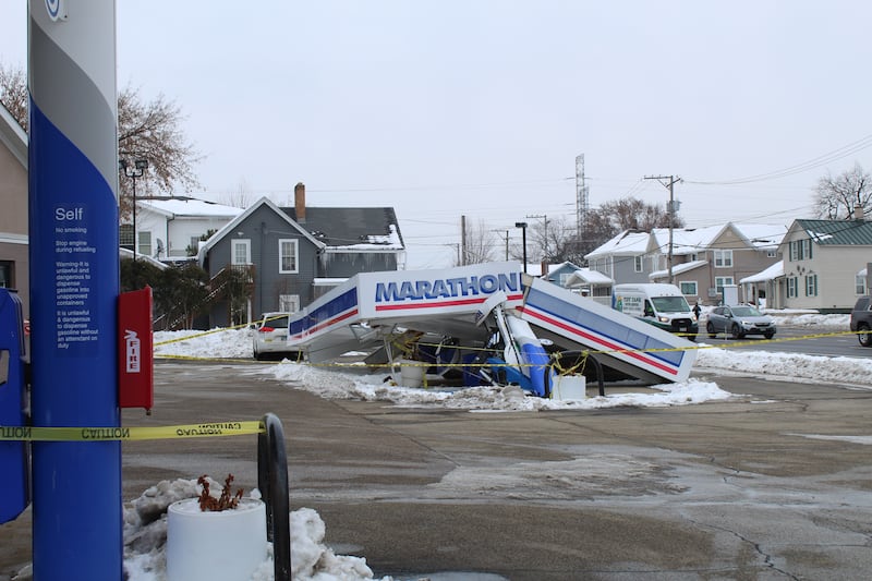 A canopy at the Marathon gas station, located at 8 E. Main St., Cary, collapsed on Dec. 7, 2025.