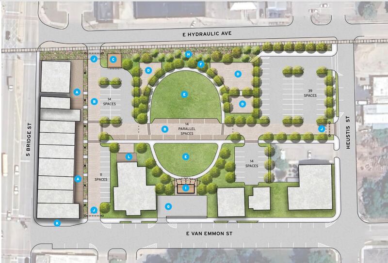 The Lakota Group’s plans for Yorkville's Hydraulic District involve evolving the current parking area into a green space, designed to enable both adequate parking and gathering for community and social events.