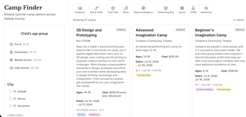 The interface of the DeKalb Parent summer camp finder tool is seen.