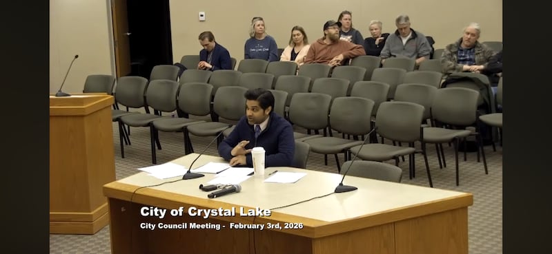 Sumish Parikh, speaking at a City Council meeting on Feb. 3, 2026,  is looking to convert a long-shuttered auto repair shop at 154 S. Virginia St. into his third Crystal Lake Dunkin’.