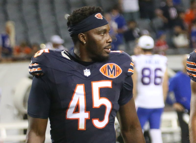 Chicago Bears linebacker Amen Ogbongbemiga walks off the field on Sunday, Aug. 17, 2025 at Soldier Field in Chicago.