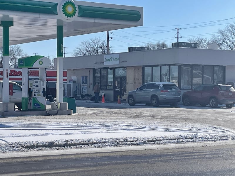 An Ottawa motorist was injured Saturday, Jan. 24, 2026, when her vehicle struck the north-facing side of the BP station on East Norris Drive, Ottawa. The damaged portion is covered in plywood behind the orange pylon.