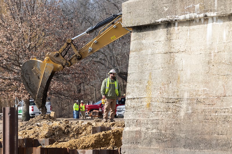 An excavator clears out an area along the northern bank of the Rock River Feb. 28, 2025, at Page Park in Dixon.