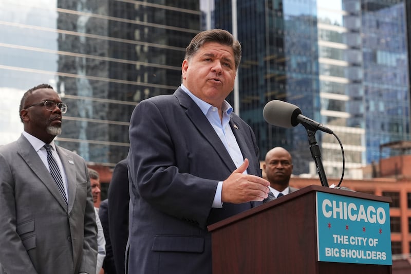 Illinois Governor JB Pritzker speaks during a news conference at River Point Park, Monday, Aug.. 25, 2025, in Chicago. (AP Photo/Nam Y. Huh)