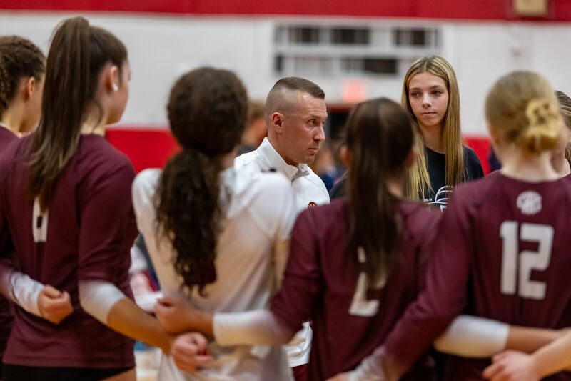 Lockport coach Nick Mraz shares insight during a timeout during a 4A Supersectional girls volleyball game against Oak Park-River Forest at Hinsdale Central on Nov. 10, 2025.