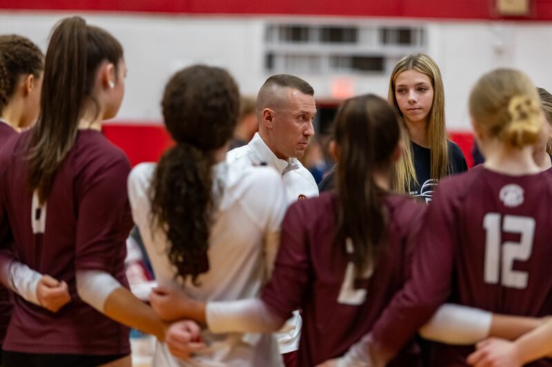 Lockport coach Nick Mraz shares insight during a timeout during a 4A Supersectional girls volleyball game against Oak Park-River Forest at Hinsdale Central on Nov. 10, 2025.