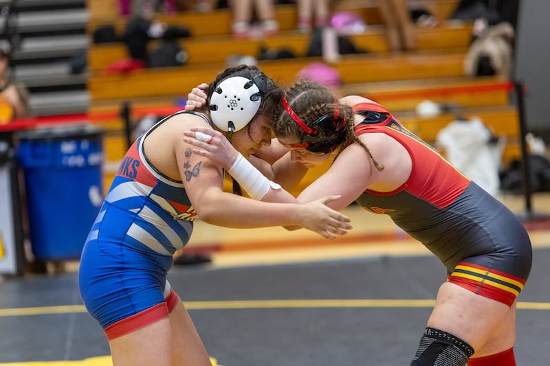 Batavia's Norah Stoodley competes with West Aurora's Raysa Castaneda in the 140 lb class at the Batavia Girl's Invitational on Friday, Jan. 16,2026 in Batavia.