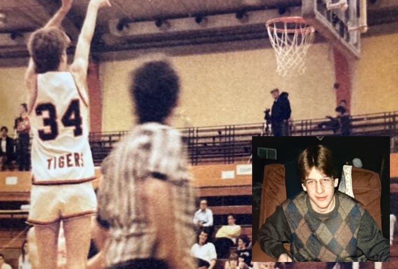 Alan Jerousek, is pictured in 1986 on the court for Crystal Lake Central High School, and in 1985 (inset) . He died in a car crash in 1987 at age 16 but his family and the school continue to honor his legacy.