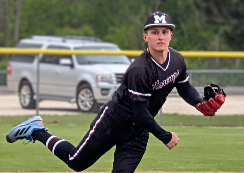 Marengo pitcher Max Broughton deals against Richmond-Burton during a Kishwaukee River Conference baseball game Thursday, April 30, 2026, in Marengo.