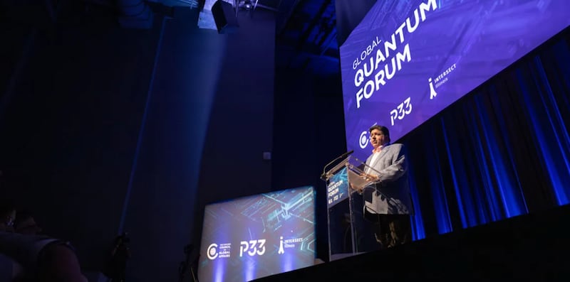 Gov. JB Pritzker speaks at the Global Quantum Forum in Chicago in July 2025.