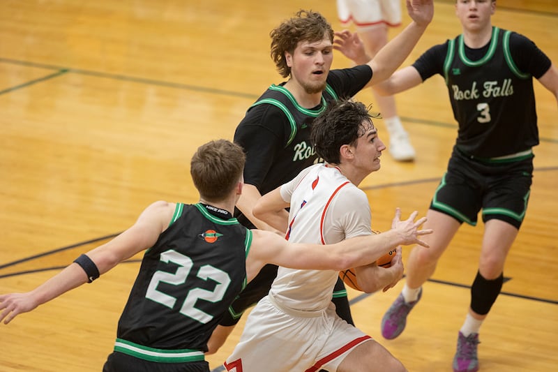 Oregon’s Benny Olalde drives to the hoop against Rock Falls Wednesday, Feb. 25, 2026, in the Class 2A regional semifinal at Rock Falls High School.