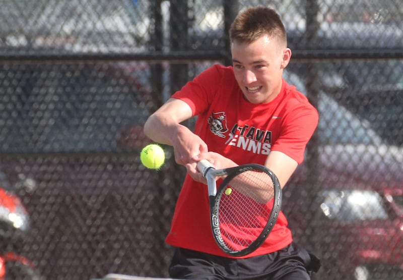 Ottawa's Kaden Araujo hits the ball to the L-P side of the court on Tuesday, April 22, 2025 at the L-P Athletic Complex in La Salle.