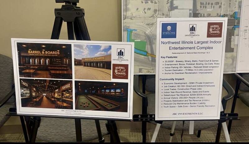 Promotional materials displayed during the Sterling City Council meeting on Aug. 4, 2025, where JCB Investments proposed a large-scale indoor family entertainment complex for the city’s National Manufacturing buildings.